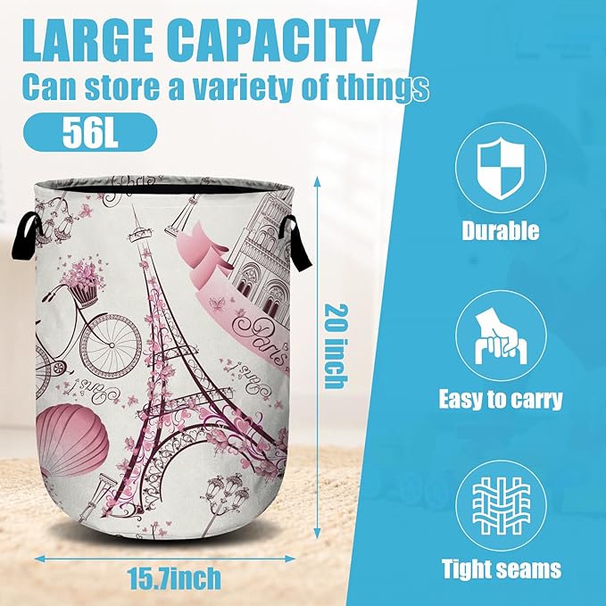 Romantic Paris Eiffel Tower Laundry Basket, Laundry Hamper Collapsible Oxford