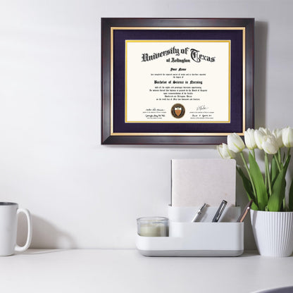 GMFrames 8.5x11 Wood Diploma Frame with Purple Mat or Display 11x14 Certificates without Mat,Tempered Glass,Deep Brown Finish with Gold Trim