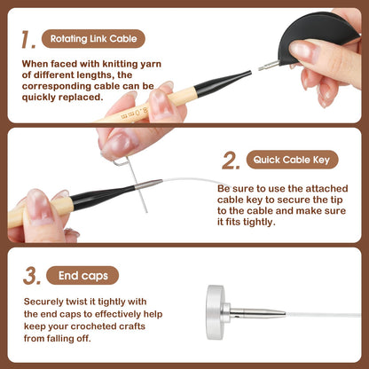 Guclud Bamboo Knitting Needles Set, 5-Inch Interchangeable Circular Knitting Needles US 4-15 (3.5-10mm),12 Pairs of Hand-Polished Circular Needles, 4 Cables, Accessories & Case (Black Tip)
