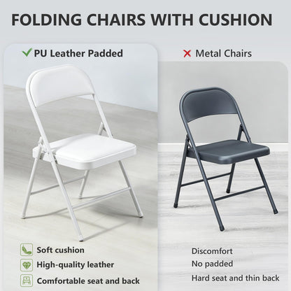 FurniEdge Padded Folding Chairs 4 Pack, PU Leather Folding Chairs for Outside and Indoor, Heavy Duty Portable Foldable Metal Chairs for Home Office, Dorm, Party, Backyard, Patio, White