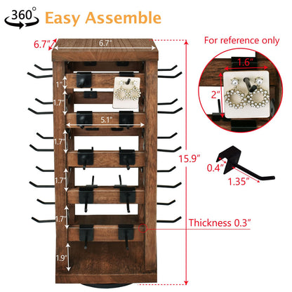 Ikee Design 5 Tiers Easy Assemble Wood Rotating Jewelry Display Tower with 42 Removable Hooks,Spinning Earring Card Storage Display Stand for Store, Showcase, Tradeshow and Home,Brown Color