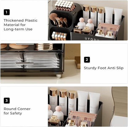 UFORU Makeup Organizer for Vanity with Brush Holder, Large Capacity Bathroom Countertop Skincare Organizer with 2 Drawers, Cosmetic Display Case for Perfumes, Eyeshadow Palettes, Nail Polishes