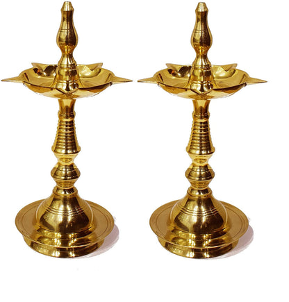 Craftsman Brass Kerala Samai Diya Oil Lamp, 10 Inch, Gold, Pack of 2, Traditional Pooja Deepak for Diwali