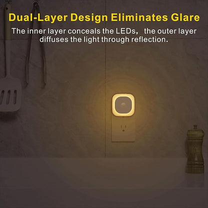 YUNLEX 2 Pack Plug in Night Light with Motion Sensor & Dusk to Dawn Sensor, 3 in 1, Dimmable Reflected Light, Warm White Nightlight for Living Room, Bathroom, Hallway, Stairs