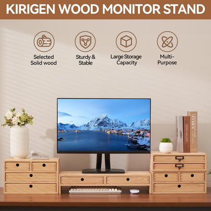 KIRIGEN Wood Monitor Stand with 2 Drawers, Solid Wood Computer Monitor Riser for Desk, Desktop Organizer Shelf with Cable Management, Pen Slots, Natural, No Assembly PMJ-NA