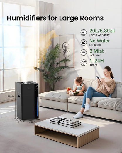 Mifasol Humidifier Large Room, 5.3Gal/20L Cool Mist Humidifiers for Home 1500 sq ft, Double Nozzles Whole House Humidifier, Humidifiers for Bedroom Plants Office Commercial Large Areas, Black