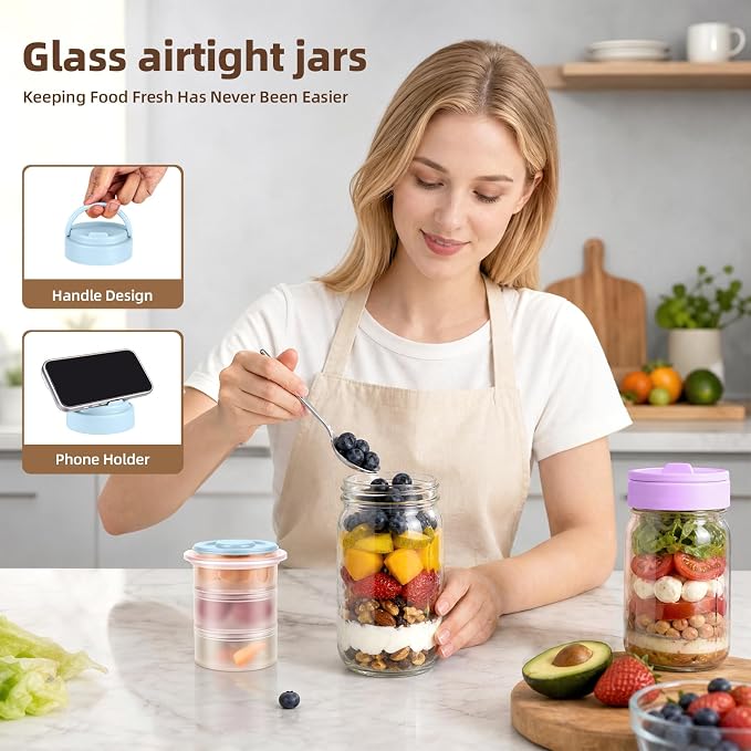 TQRR 32 OZ 4 Pack Overnight Oats Containers with Lids, Glass Storage Jar with Dry and Wet Separation, Leakproof Wide Mouth Mason Jars, Glass Jars with a Handle for Salads,Yogurt (4, Multicolor)