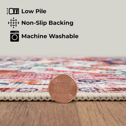 GLN Rugs Bohemian - Serik - Machine Washable Area Rug, Boho Washable, Non Slip, Low Pile Chenille Area Rug, Living Room, Bedroom, Kitchen Rug - Easy Clean (6' x 9' Pink/Multicolor)