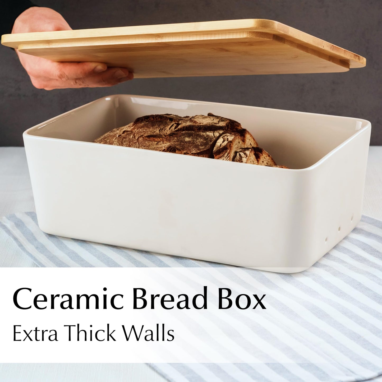 MIAMIO – Bread Box for Kitchen Countertop/Ceramic Bread Box with Cutting Board, Bread Container with Bamboo Lid, 12.6 x 7.9 x 4.5 inches