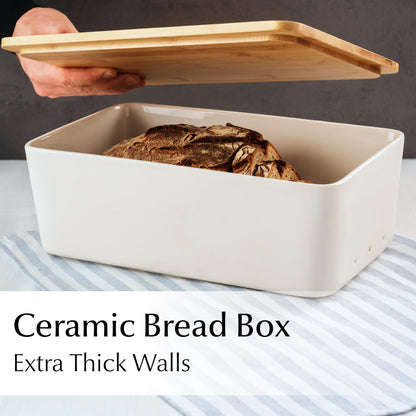 MIAMIO – Bread Box for Kitchen Countertop/Ceramic Bread Box with Cutting Board, Bread Container with Bamboo Lid, 12.6 x 7.9 x 4.5 inches