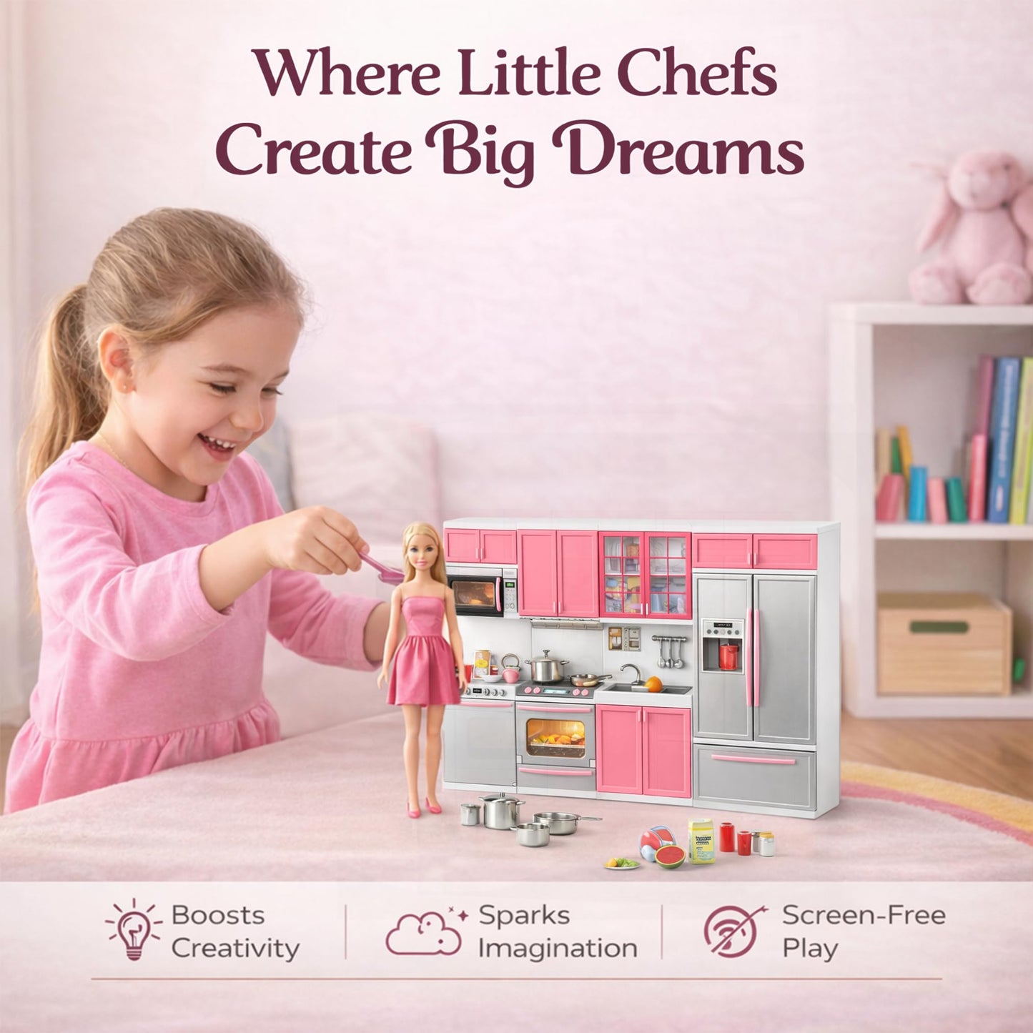Doll Kitchen Playset for Kids, My Modern Mini Kitchen House Furniture Pretend Play Toy Accessories Set with Realistic Lights & Sounds for Toddlers, Girls (4-in-1)
