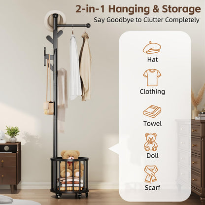 Uniclinens Freestanding Wooden Coat Rack with Umbrella Holder，Black Coat Rack with Hooks, Space-Saving Entryway Organizer for Hanging Clothes and Storing Towels, Bedroom, Living Room