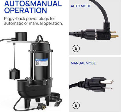 Acquaer Sewage Pump, Cast Iron, Automatic Tethered Float Switch, Sewage Effluent Pump for Sump Basin, Basement, Residential Sewage, 2'' NPT Discharge, Dark Black