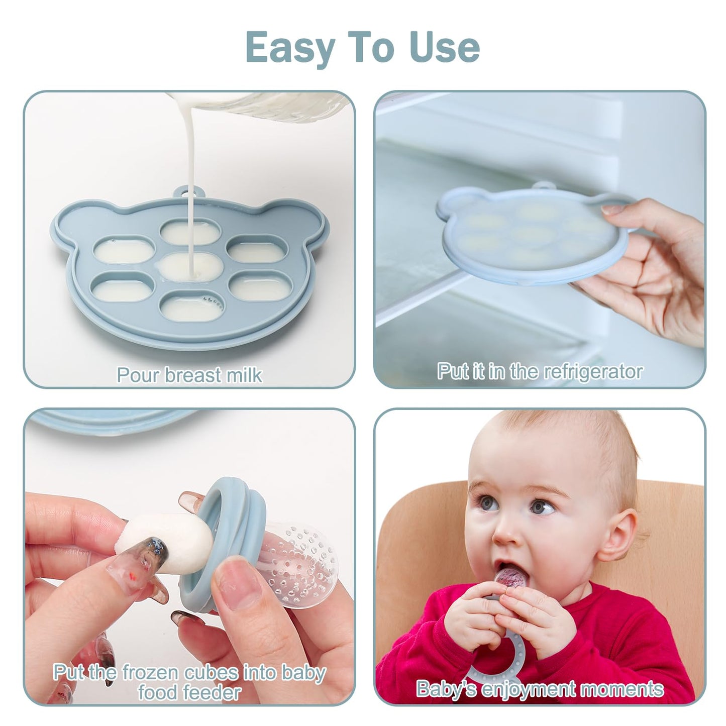 MISSLILI Baby Silicone Fruit Food Feeder Pacifier & Breastmilk Popsicle Freezer Molds,BPA Free Baby Food Storage Containers Frozen Ice Tray for Baby Feeding Safely, Infant Fruit Teething Toy (Blue)