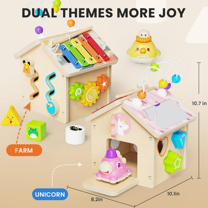 9-in-1 Wooden Activity Cube, Montessori Baby Activity Center Toys for 1+ Year Old Boys & Girls, Farm Theme Baby Cube with Car Toys & Shape Sorter, Educational Toy for Toddlers, Ideal Baby Gifts