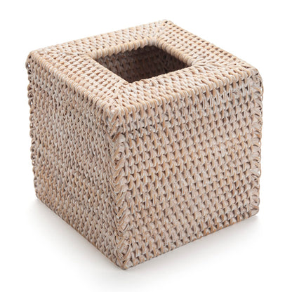 Rattan Tissue Box Cover Natural Woven Facial Napkin Holder Square (White, 5.5x5.5x5.9 Inch)