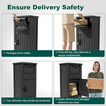 Package Delivery Box for Outside, Large Parcel Drop Box with Lockable Secure, Waterproof and Anti-Theft Storage for Porch, Curbside, House (Black)