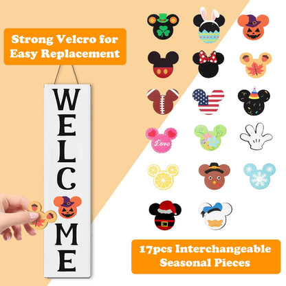 FUEMEILY 15.7'' Cute Mouse Seasonal Interchangeable Home Sign for Front Porch,18pcs Interchangeable Hanging Vertical Welcome Door Sign for Farmhouse/Wall/Porch Decor and Housewarming Gift