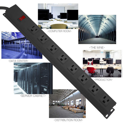 HHSOET Metal 8 Outlet Mountable Power Strip, Wall Mount Outlet Heavy Duty, Wide Spaced Commercial Shop Power Strip with Switch, 15A 125V 1875W, 6 FT SJT 14AWG Power Cord.(Black)