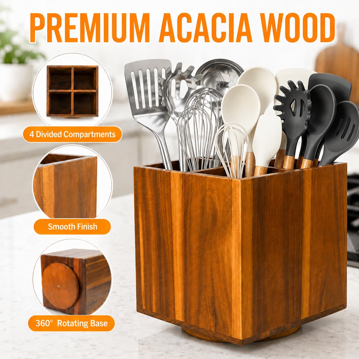 LIGOMEDA Acacia Wood Rotating Utensil Holder for Kitchen Counter – 360° Large Wooden Organizer with 4 Compartments, Farmhouse Kitchen Countertop Storage for Cooking Utensils