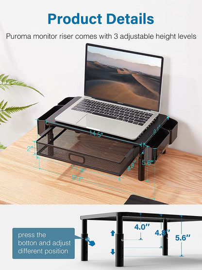 CHENOMiNL Desk Organizer with Drawer and Phone Holder, Computer Monitor Stand Riser for Home Office - Space-Saving Desktop Shelf with Sturdy Steel Frame, Black