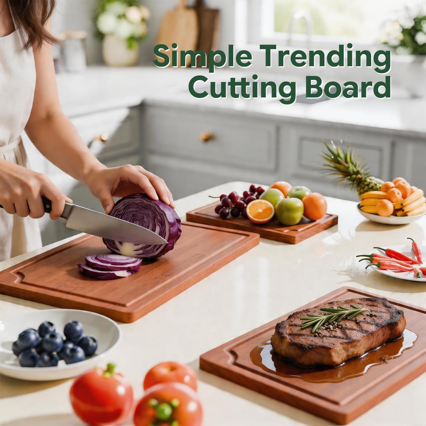 Simple Trending Bamboo Cutting Boards for Kitchen, Durable Chopping Boards with Deep Juice Grooves, Set of 3 Butcher Block for Meat, Vegetables and Fruits