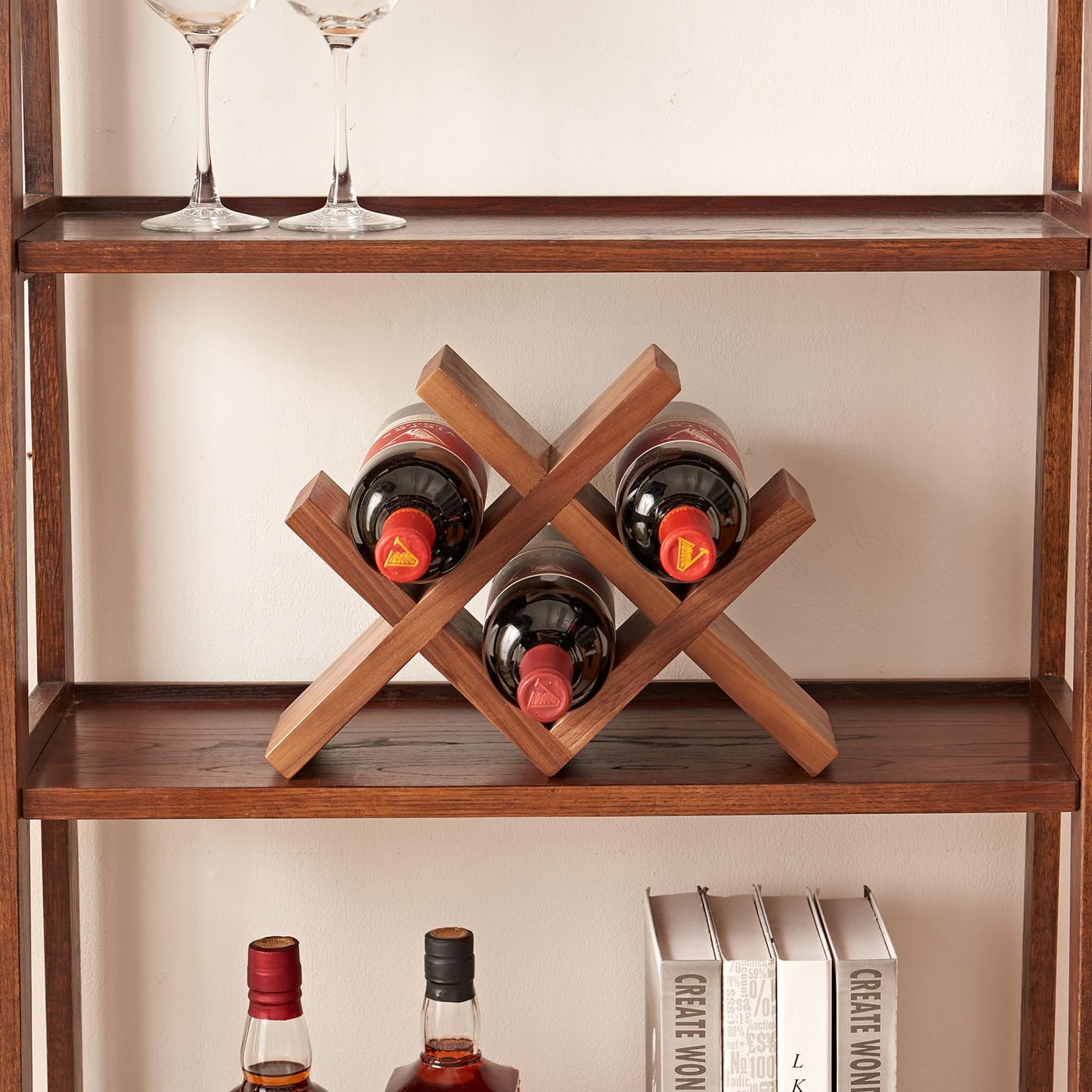 Rsuwiz Solid Oak Wine Rack Countertop, 4 Bottle Tabletop Wine Holder - No Assembly Free Standing Wood Display for Kitchen, Bar, Office, Living Room | Walnut