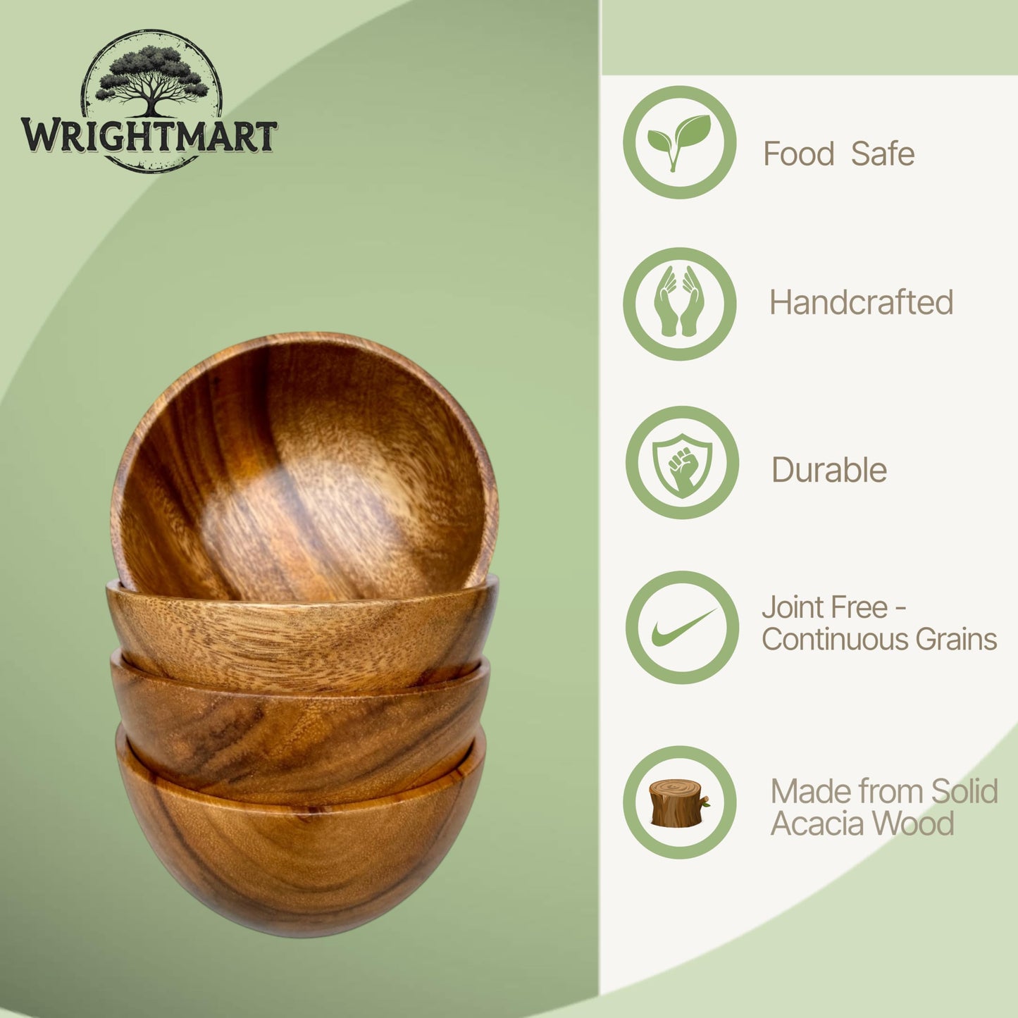 WRIGHTMART Small Wooden Bowls Set of 4, 5 Inch Solid Acacia Wood Bowls, Joint-Free Non-Laminated Snack & Dip Bowls, Handmade Rustic Bowls for Nuts, Desserts, Sauces & Side Dishes