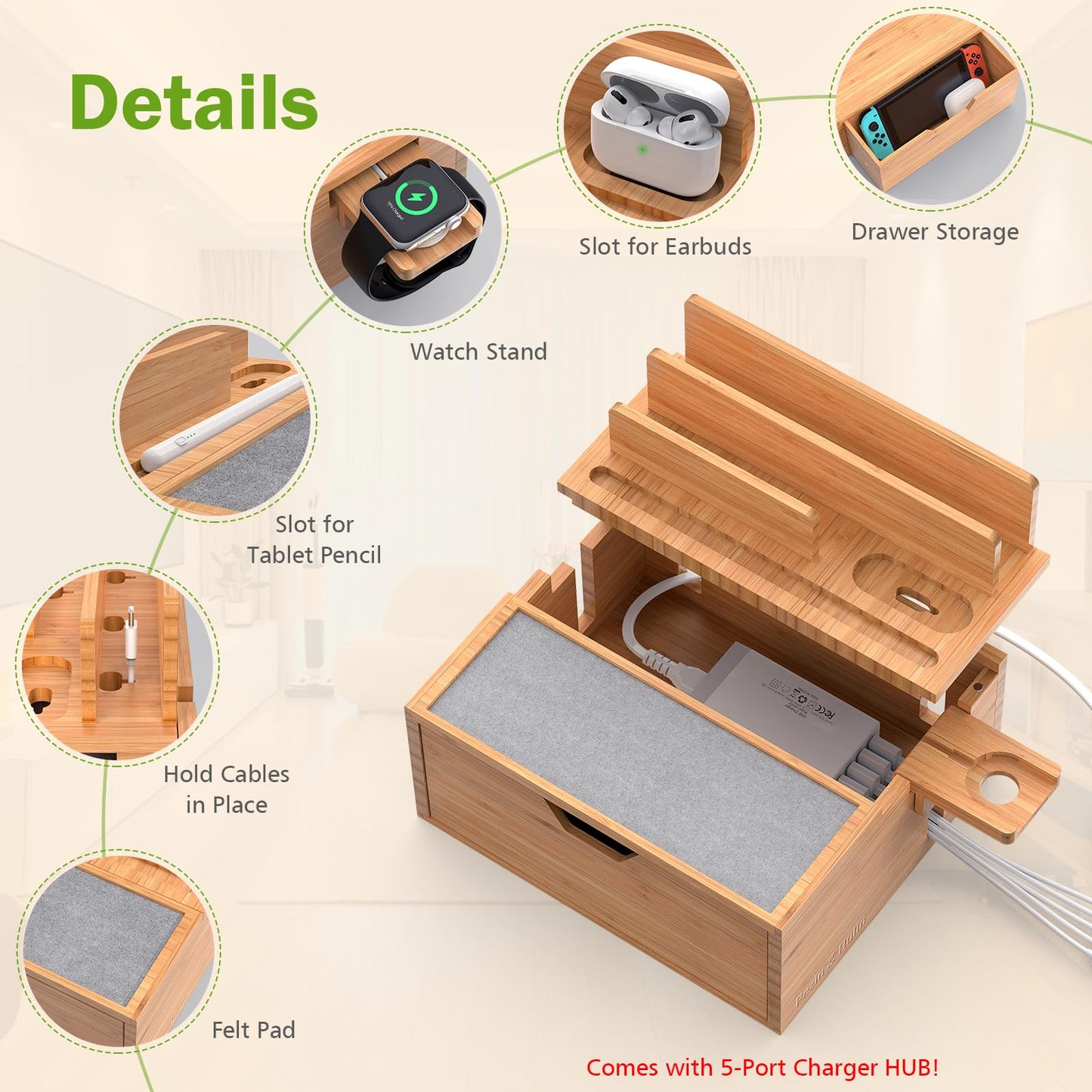 Pezin & Hulin Bamboo Charging Station for Multi Device, with Power Charger & Cables, Nightstand Docking Station with Lined Tray & Drawer, Compatible with Tablet, Cell Phones