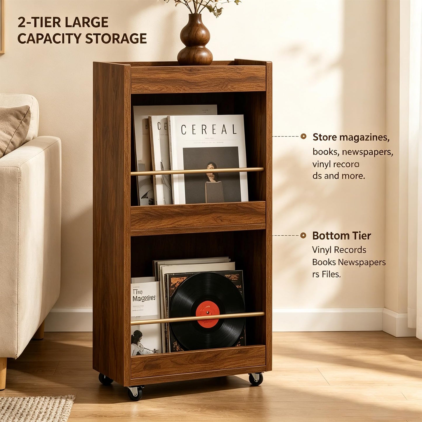 Movable Magazine Rack with Wheels, Wooden Vertical Display Organizer, Newspaper & Literature Holder, Multi-Purpose Storage Shelf for Office, Bedroom, Boutique, and Retail Black 15.7''*5.9''*29.5''