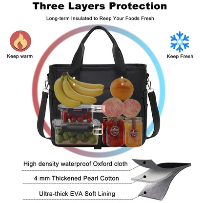 Weitars Insulated Lunch Bag for Men Women,Leak Proof Lunch Box for Work,Extra Large Lunch Tote Bag With Removable Shoulder Strap with Side Pockets,Reusable Lunch Cooler Purse For Picnic Hiking