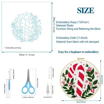 Zhenqing Christmas Embroidery Kit for Beginners - 4 Piece 29x29cm Round Designs with Embroidery Hoop, Threads & Tools (Snowy Cabin, Fireplace, Candy Cane, Holly)(C0066)