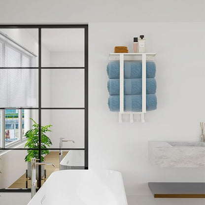 Bethom Towel Racks for Bathroom White, Storage with Shelf Wall Mounted | Stainless Steel, 3 Hooks, Towel Storage Rack with Shelf for Small Bathroom