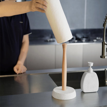 BOSHARON Kitchen Paper Towel Holder, Free Standing Cement Base with Beech Wood Rod, Modern Countertop Dispenser for Bathroom & Kitchen