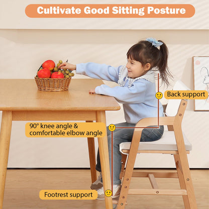 Swegrow Wooden High Chair with 2 Wheels, Adjustable Seat - Backrest - Footrest Heights, Wooden High Chair for Toddlers - Kids and Baby, Kids Dining Chair with Removable Cushion(Beige)