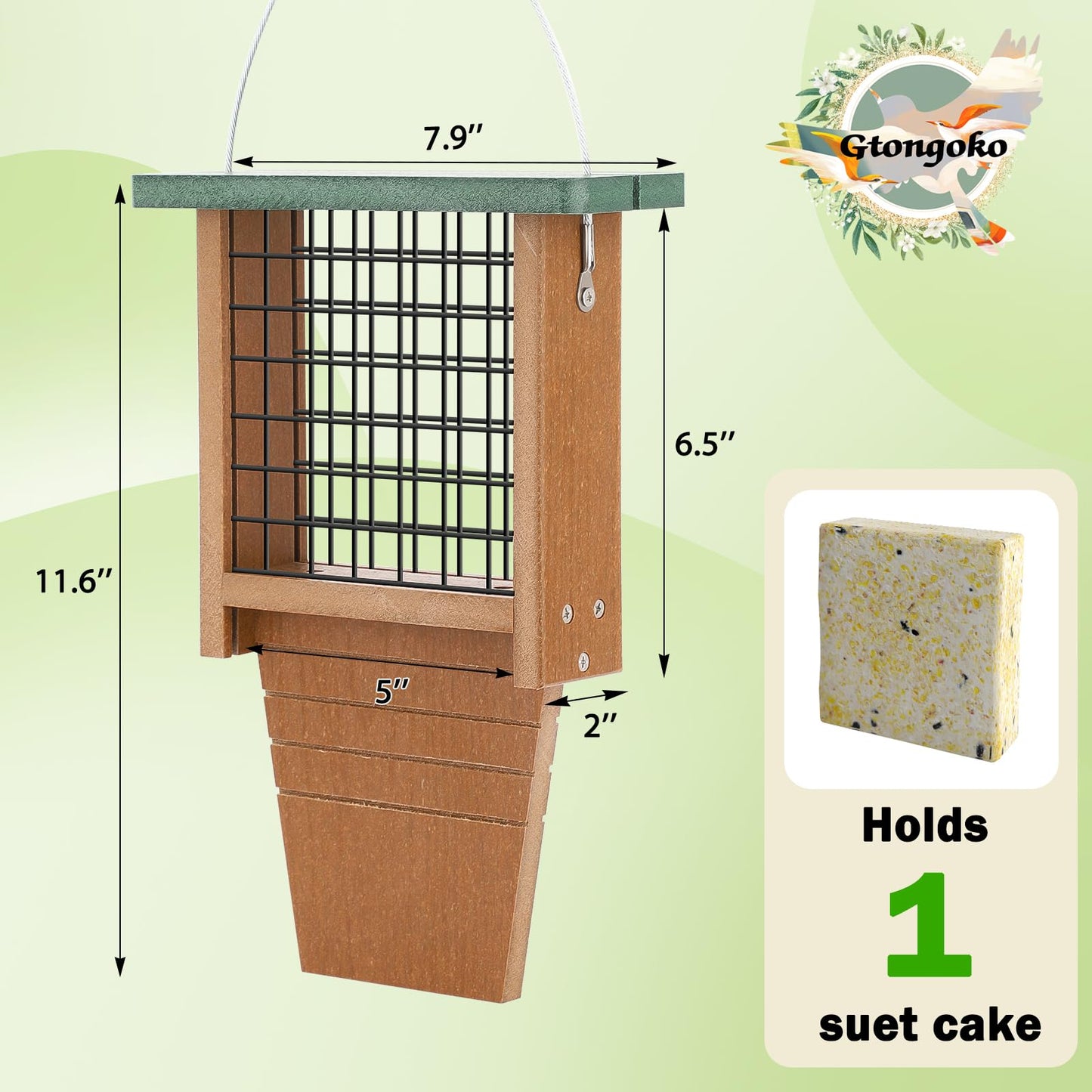 Gtongoko Recycled Plastic Suet Bird Feeder for Outside Hanging, Woodpecker Suet Feeder with Tail Prop, Hanging Suet Holder Birdfeeders, 1 Pack, Green