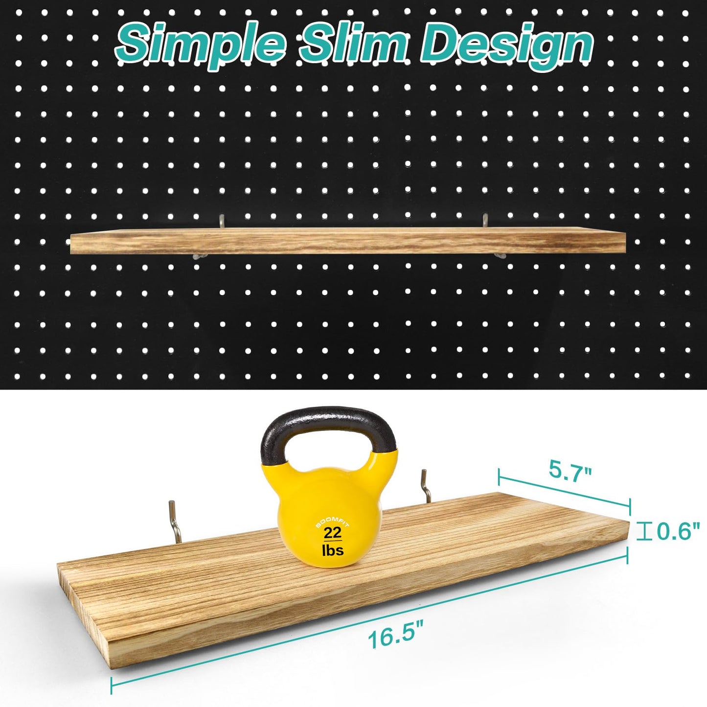 Pegboard Shelves, 16" x 6" Large Peg Board Racks 2Pack Wall Organizer Shelf, 1/4 inch Heavy Duty Metal Brackets Fit All Pegboards, Wood Slats, Craft Garage Workbench Office Shelving Accessories (Wood)
