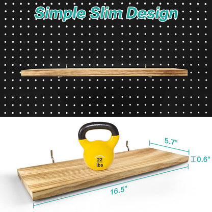 Pegboard Shelves, 16" x 6" Large Peg Board Racks 2Pack Wall Organizer Shelf, 1/4 inch Heavy Duty Metal Brackets Fit All Pegboards, Wood Slats, Craft Garage Workbench Office Shelving Accessories (Wood)