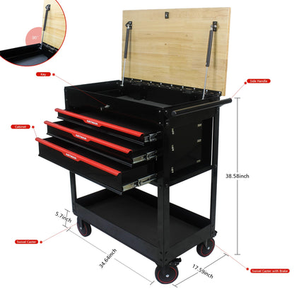 KEIKI 3-Drawer Rolling Tool Cart with Lift-Up Wooden Top, Utility Tool Box, Multi-Functional Tool Storage Organizer Cabinet for Garage, Warehouse, Workshop, Repair Shop, Black