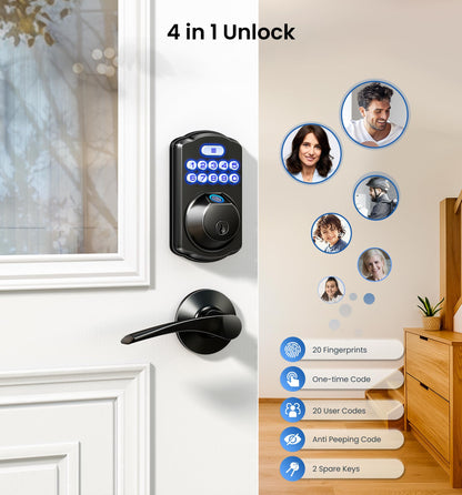 Veise KS02A Fingerprint Keyless Entry Door Lock, Auto Lock, Electronic Keypad Deadbolt for Front Door, Biometric, Anti-Peeping Password, Easy Install, Matte Black