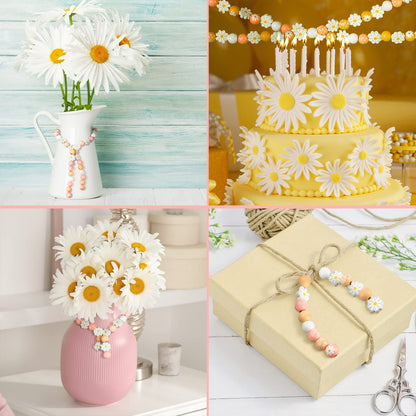 Buryeah 200 Pcs Daisy Flower Wooden Beads Set 16mm Daisy Round Beads 20mm Rustic Farmhouse Colorful Floral Printed Charms for Spring Summer DIY Crafts Jewelry Garland Keychain Making