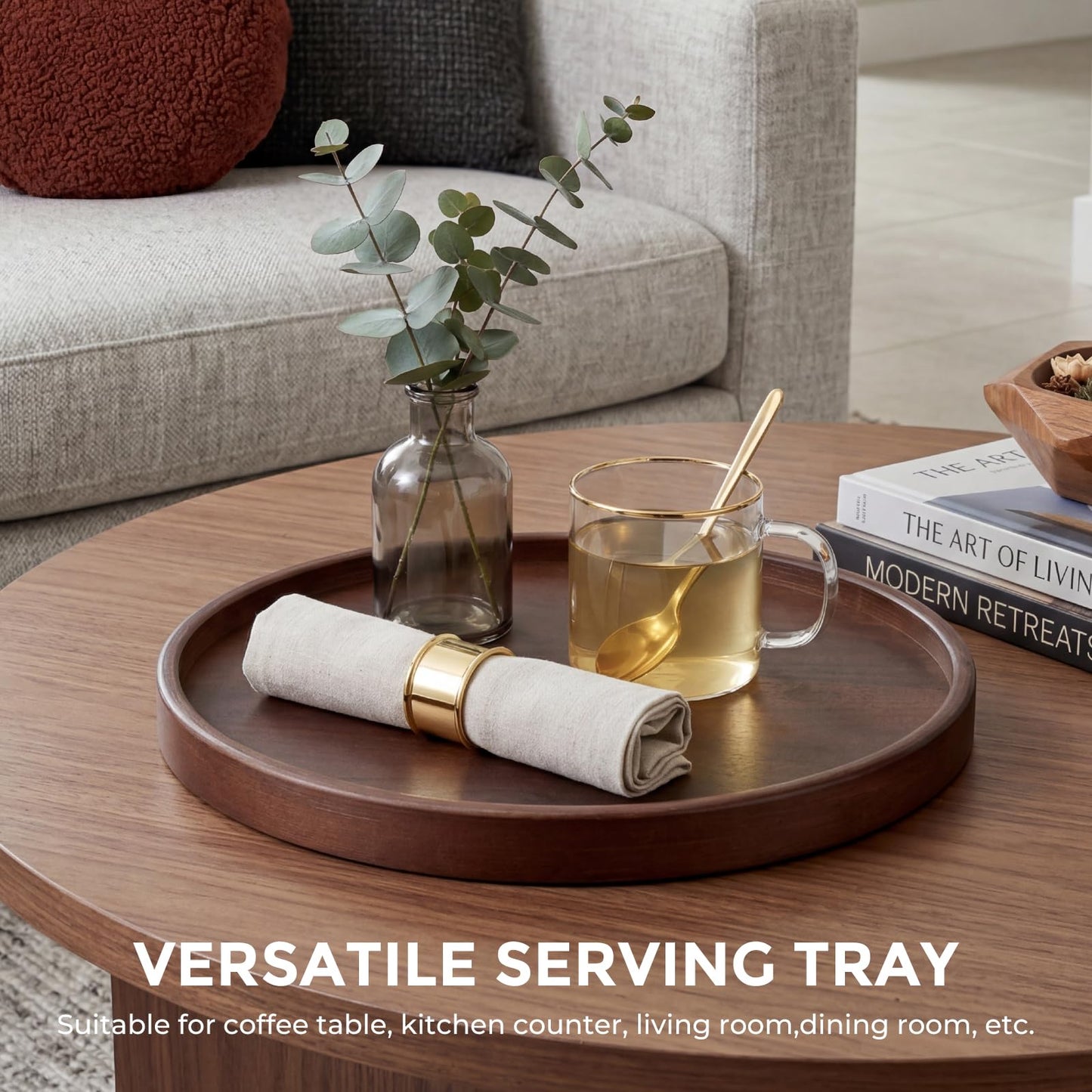 Round Natural Wood Tray - 12 Inch Decorative Serving Tray with Handles, Solid Wooden Coffee Table Tray for Ottoman, Vanity, Entryway, Snacks, Drinks & Home Decor