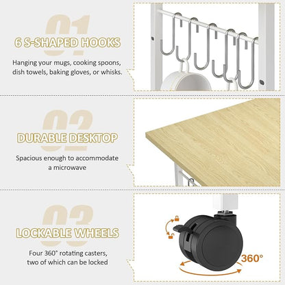 ThreeHio Rolling Kitchen Microwave Cart, 3 Tier Microwave Table Stand with Adjustable Shelf, Kitchen Storage Rack on Wheels, Coffee Station Cart Rack Shelf Organizer for Living Room Office, Balcony