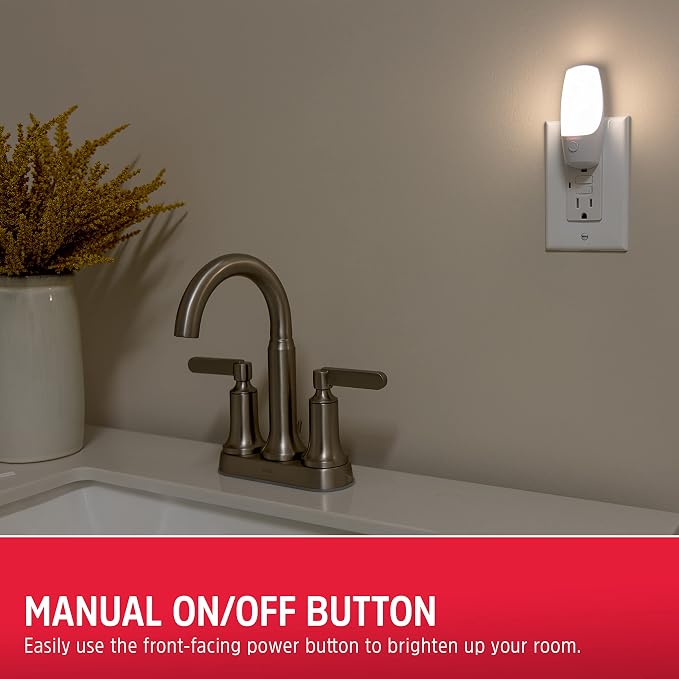 Energizer Manual On/Off LED Night Light Plug-in, Push Button, Compact, Contemporary, for Bedroom, Livingroom, Hallway, Bathroom, Nursery, Basement, White, 84135, 2 Pack