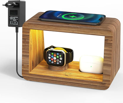 Bamboo Charging Station for Multiple Devices,15W Fast Wireless Charging Station with Nightlight, 3 Color & 4 Adjustable Brightness Compatible with Phone/Watch/AirPods