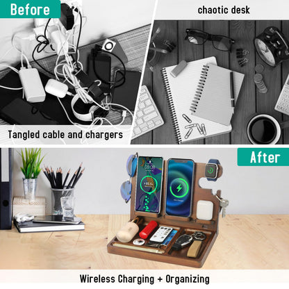 Xunhomon Wood Phone Docking Station Nightstand Organizer for Men 27W 2 Phone Wireless Charging Station with 4 Wireless Charger Stand for iPhone Apple Watch AirPod Mens Birthday Gift Ideas Key Holder