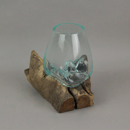 Handcrafted Melted Glass and Teak Driftwood Centerpiece Bowl/Sculpture- Unique 7-Inch Earthy Artistry for Succulents, Terrariums, and Decorative Displays