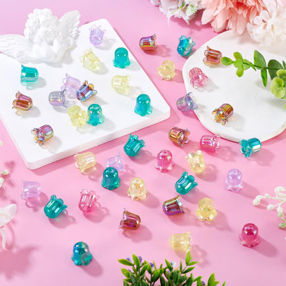 FASHEWELRY 50Pcs Acrylic Flower Beads Caps, Iridescent Colorful Transparent Lily Tulip Flower Bell Beads for DIY Tassel Earring Wind Chimes Craft Jewelry Making