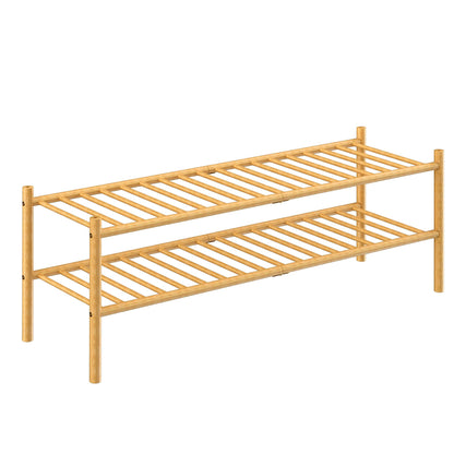 ROMGUAR CRAFT 2-Tier Bamboo Long Shoe Rack, Free Standing Wood Shoe Shelf Storage Organizer for Closet Entryway Stackable 35"x11"x13" (Natural)