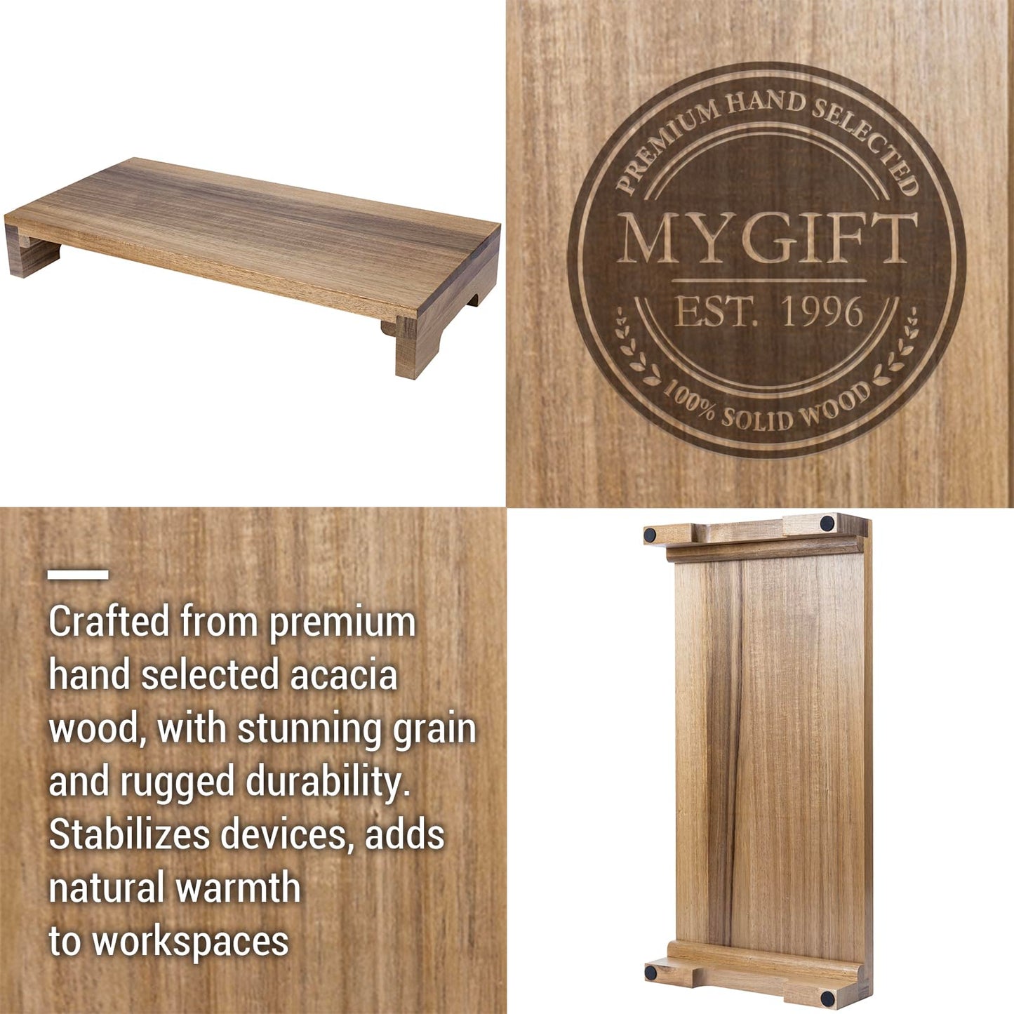 MyGift Premium Acacia Solid Wood Desk Monitor Stand, Laptop Riser & Keyboard Storage – Wooden Desktop Organizer for Screen Display and Workspace Organization